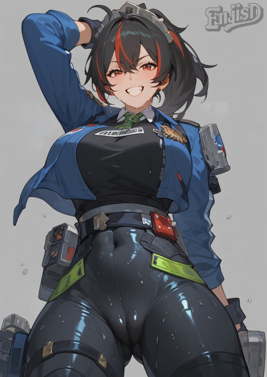 Rule 34 – ai generated big ass big thighs black hair cameltoe enjisd from below front view latex pants multicolored hair ponytail red eyes red hair shiny body shiny pants smile zenless zone zero zhu yuan | 10751670