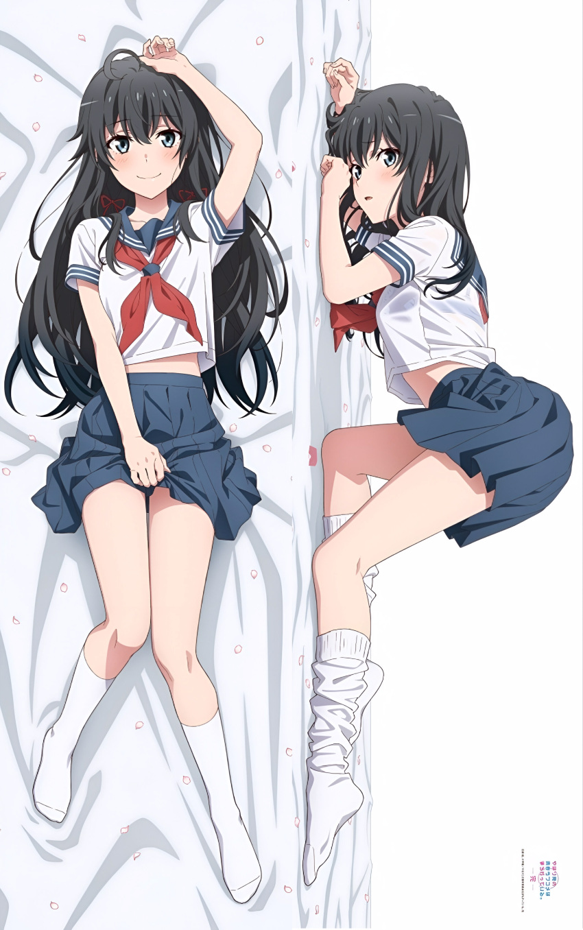 Rule 34 – ahoge arm up ass bare belly bare legs bare thighs bed sheet black hair blue eyes blush bra visible through clothes breasts collarbone dakimakura dakimakura design feet hand holding skirt long hair lying mouth closed my teen romantic comedy snafu official art open mouth school uniform see through clothing skirt small breasts smile socks thighs white socks yukinoshita yukino | 10690229