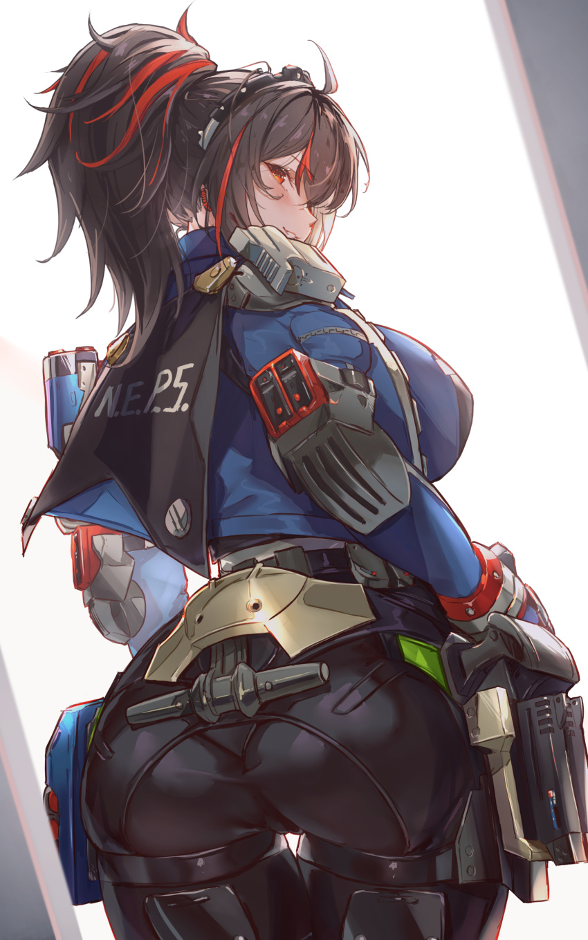 Rule 34 – absurdres ass back black hair blush breasts female gloves grin highres large breasts long hair long sleeves looking at viewer looking back multicolored hair ponytail red eyes red hair smile solo streaked hair thighs ura illust weapon zenless zone zero zhu yuan | 10792642