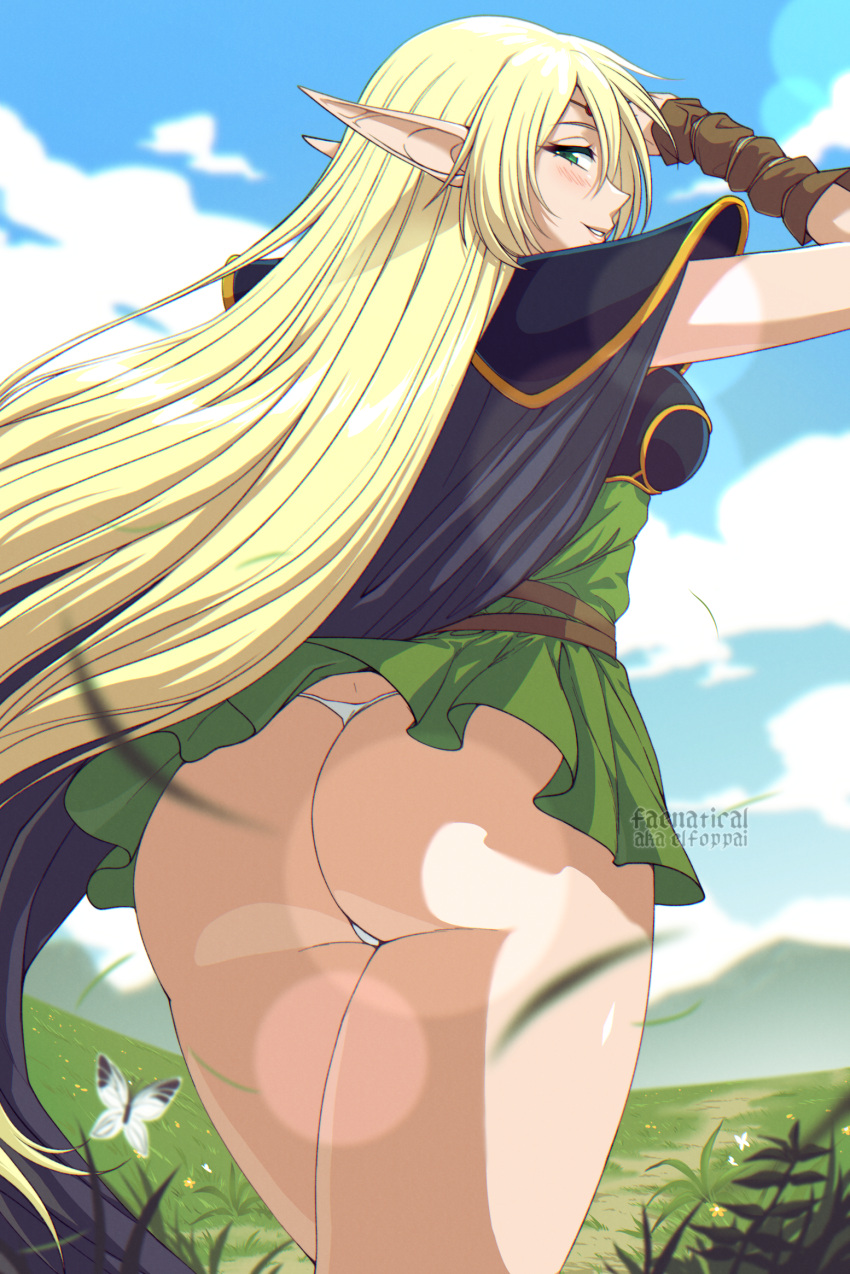 Rule 34 – armor artist name ass blonde hair blue cape blue sky blush breastplate bug butterfly cape circlet clothes lift deedlit dress dress lift elf elfoppai faenatical female green eyes grin highres insects long hair looking at viewer looking back panties pantyshot pauldrons pointy ears record of lodoss war short dress shoulder armor sky smile solo thong underwear very long hair white panties wind wind lift | 10483889