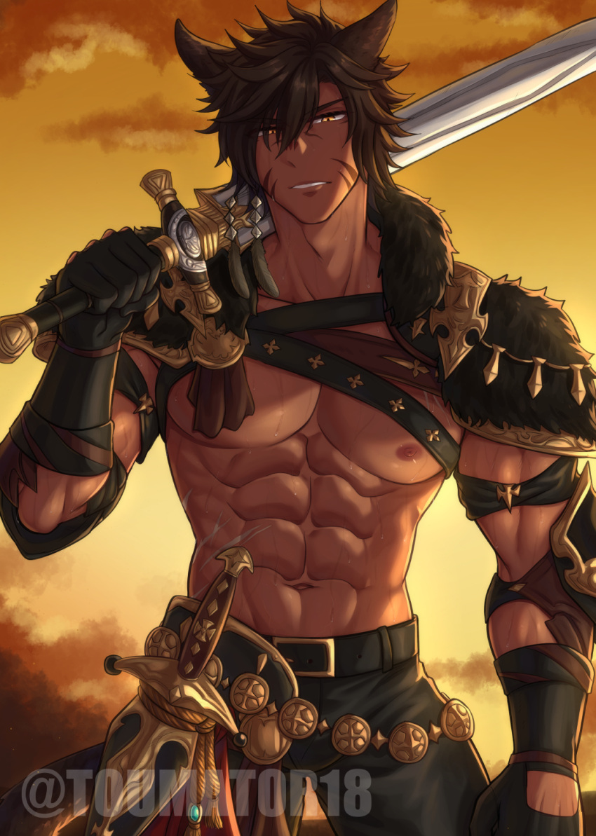 Rule 34 – 1boy abs brown hair bulge cat ears facial markings final fantasy final fantasy xiv gloves holding object holding weapon looking at viewer male male only miqo’te muscular muscular arms muscular chest nipples pants pecs serious solo solo male standing straps sweat sword tail toumator18 weapon over shoulder | 10603743