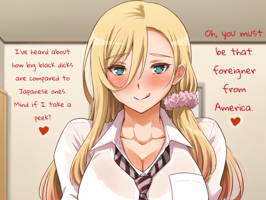 Rule 34 – 1girls blonde hair blue eyes color foreigner full color huge breasts kuzuryuu hanako licking lips long hair red text white shirt yankee jk kuzuhana chan | 10729387