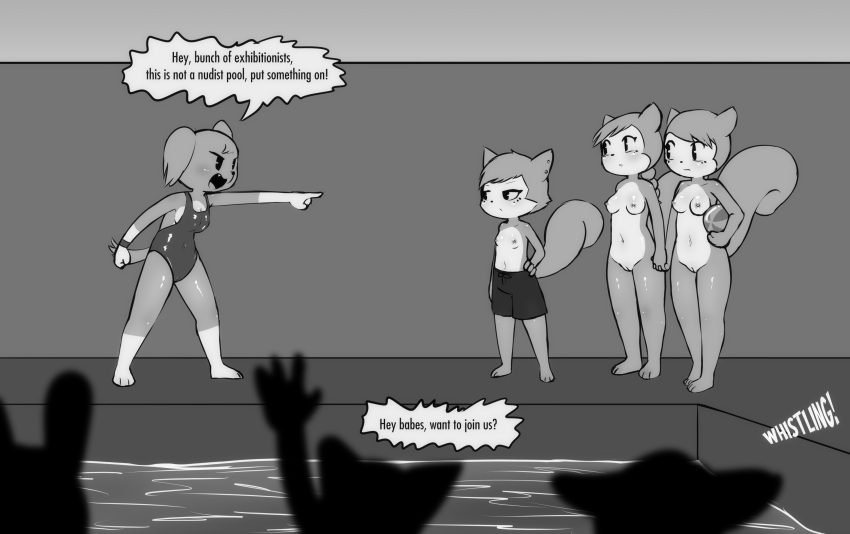Rule 34 – 3 toes angry anthro ball blush breasts canid canine canis clothed clothing dialogue domestic dog e254e ear piercing english text exhibitionism feet female fist fluffy fluffy tail genitals gesture group hair hand gesture hand holding hi res kary (e254e) kirrel sisters (e254e) kora (e254e) kyra (e254e) lifeguard male mammal medium breasts natural breasts navel nipples nude piercing pointing ponytail pussy rodent sciurid sibling (lore) silhouette small breasts swimming pool tail text toes topless tree squirrel trio twins (lore) unimpressed water whistling yelling | 10703080
