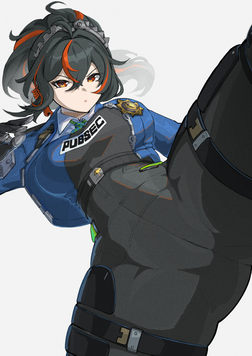 Rule 34 – absurdres black gloves black hair black pants black vest blue jacket blue necktie blue vest breasts checkered necktie clothes writing collared shirt commentary cowboy shot female glaze artifacts gloves green necktie hair between eyes high-waist pants highres jacket large breasts long hair long sleeves looking at viewer metal hairband multicolored hair necktie open clothes open jacket orange eyes pants parted lips police police badge police uniform policewoman ponytail quadzlnw red hair shirt sidelocks simple background solo standing standing on one leg streaked hair tight clothes tight pants two-tone necktie two-tone vest uniform vest white background white shirt zenless zone zero zhu yuan | 10792589