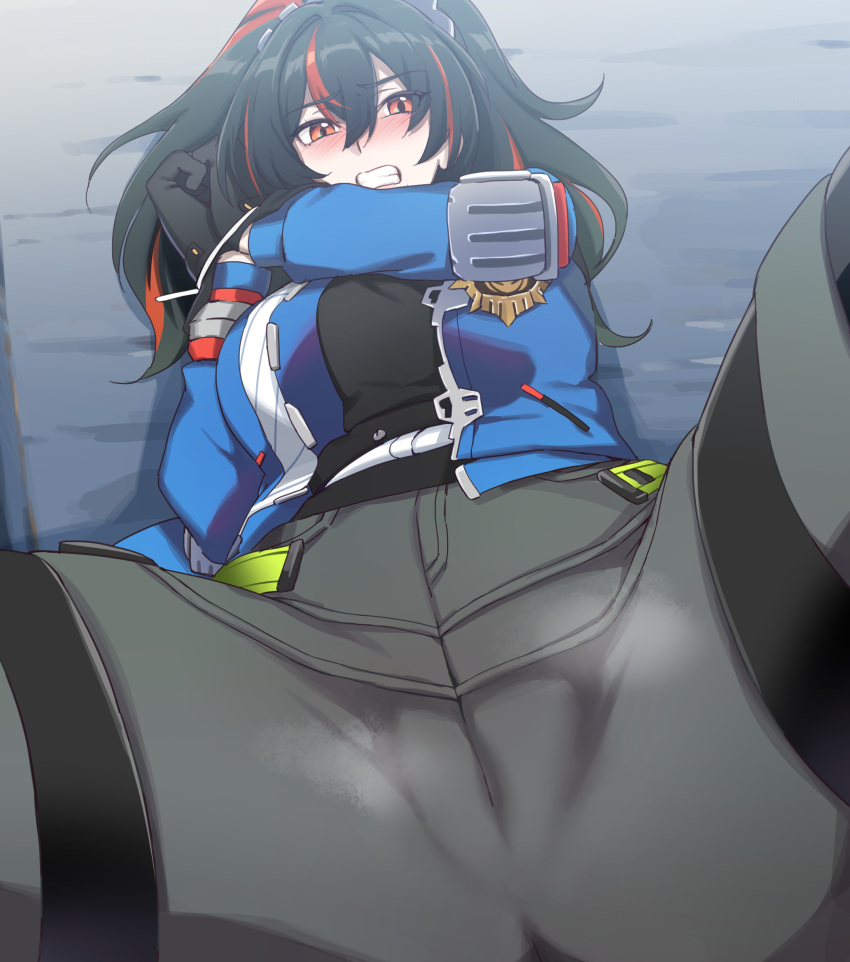 Rule 34 – absurdres ahoge black gloves black hair blue jacket bound bound wrists breasts cameltoe female gloves hair between eyes highres holding jacket long hair looking at viewer multicolored hair pants police police uniform policewoman ponytail red hair saki (remainaddd) shirt simple background solo spread legs standing streaked hair uniform zenless zone zero zhu yuan | 10685978