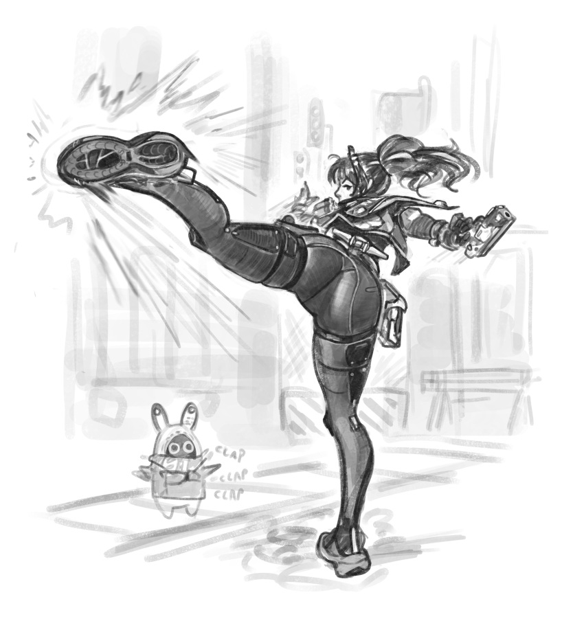Rule 34 – 1girls ass ass focus attack big ass black and white calamari cakes curvy gun kicking long hair monochrome one leg up provocative spread legs suggestive thick thighs tight clothing zenless zone zero zhu yuan | 10669295