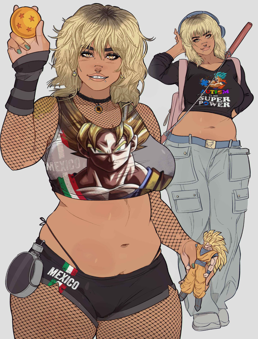 Rule 34 – 1girls action figure alt girl arm warmers baggy clothing belly big breasts blonde hair booty shorts breasts chubby chubby belly chubby female crop top dragon ball dragon ball super dragon ball z dyed hair ear piercing earrings female only fishnets fully clothed girl who is obsessed with goku golden eyes latina mexican mexican female mexican flag nose piercing original original character potara earrings solo solo female son goku tagme tank top thick thighs thong tight shorts wide hips wolf cut yoracrab | 10681061