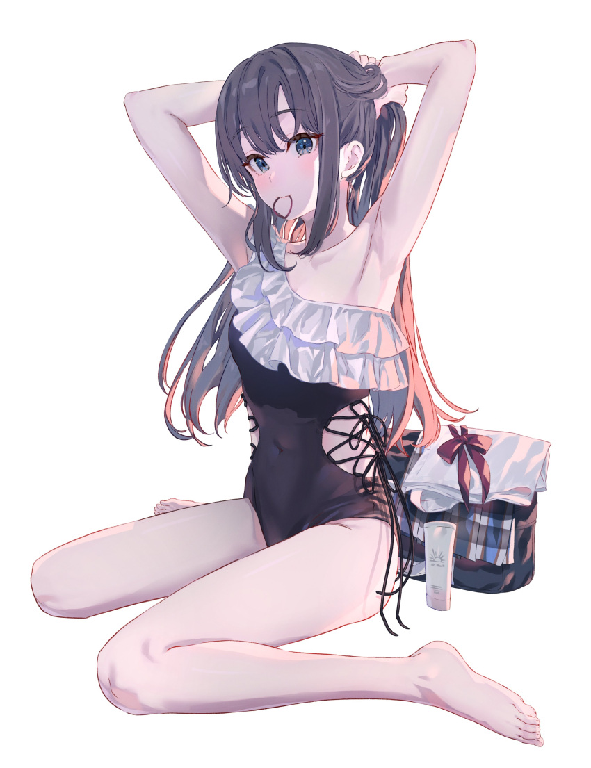 Rule 34 – adjusting hair armpits arms up bare arms bare legs bare thighs barefoot black hair blue eyes blush breasts closed mouth clothing cutout collarbone covered navel cross-laced clothes feet frilled one-piece swimsuit frills hair tie in mouth holding own hair long hair mouth hold my teen romantic comedy snafu one-piece swimsuit ponkan 8 side-tie swimsuit side cutout single-shoulder swimsuit single bare shoulder sitting small breasts swimsuit thighs toes tying hair yukinoshita yukino | 10722126