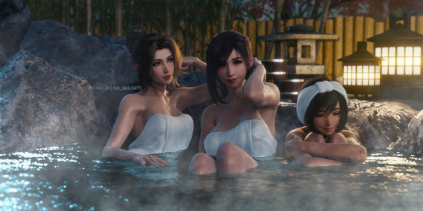 Rule 34 – 3d 3girls aerith gainsborough arm behind head artist name bamboo bamboo fence bathing black hair boulder breasts brown eyes brown hair closed eyes commentary english commentary fence final fantasy final fantasy vii final fantasy vii rebirth final fantasy vii remake foliage green eyes hair intakes highres hugging own legs knees up lantern large breasts long hair medium breasts multiple girls naked towel night onsen outdoors partially submerged patreon username red lips ria-neearts short hair side-by-side sidelocks sitting stone lantern swept bangs tifa lockhart towel towel on head tree upper body white towel yuffie kisaragi | 10677265