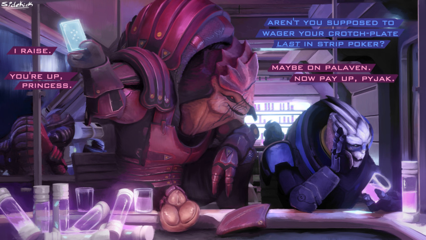 Rule 34 – alcohol alien animal genitalia armor balls bar beverage big balls bioware blue eyes bodypaint card game dialogue duo focus electronic arts english text exhibitionism face paint facial scar flaccid fully sheathed furniture gaming garrus vakarian genitals glass bottle group hi res holding glass holding object inside interspecies krogan male male/male mass effect penis penis tip poker presenting presenting balls presenting penis public red eyes scar scouter sheath sidekick sitting size difference sofa standing strip poker table text turian urdnot wrex urethra window | 10739953