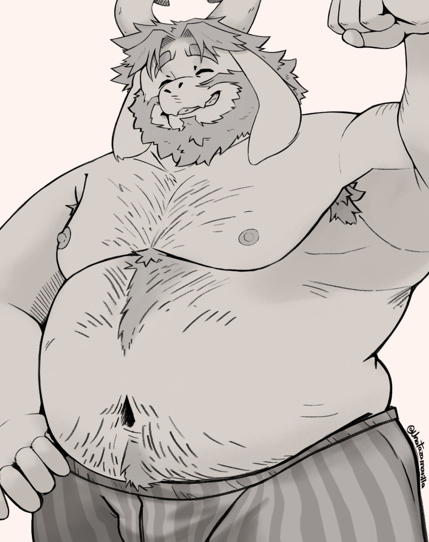 Rule 34 – armpit hair asgore dreemurr chubby flexing flexing bicep furry monochrome no visible genitalia shirtless solo anthro solo male unatazaamarilla undertail | 10728049