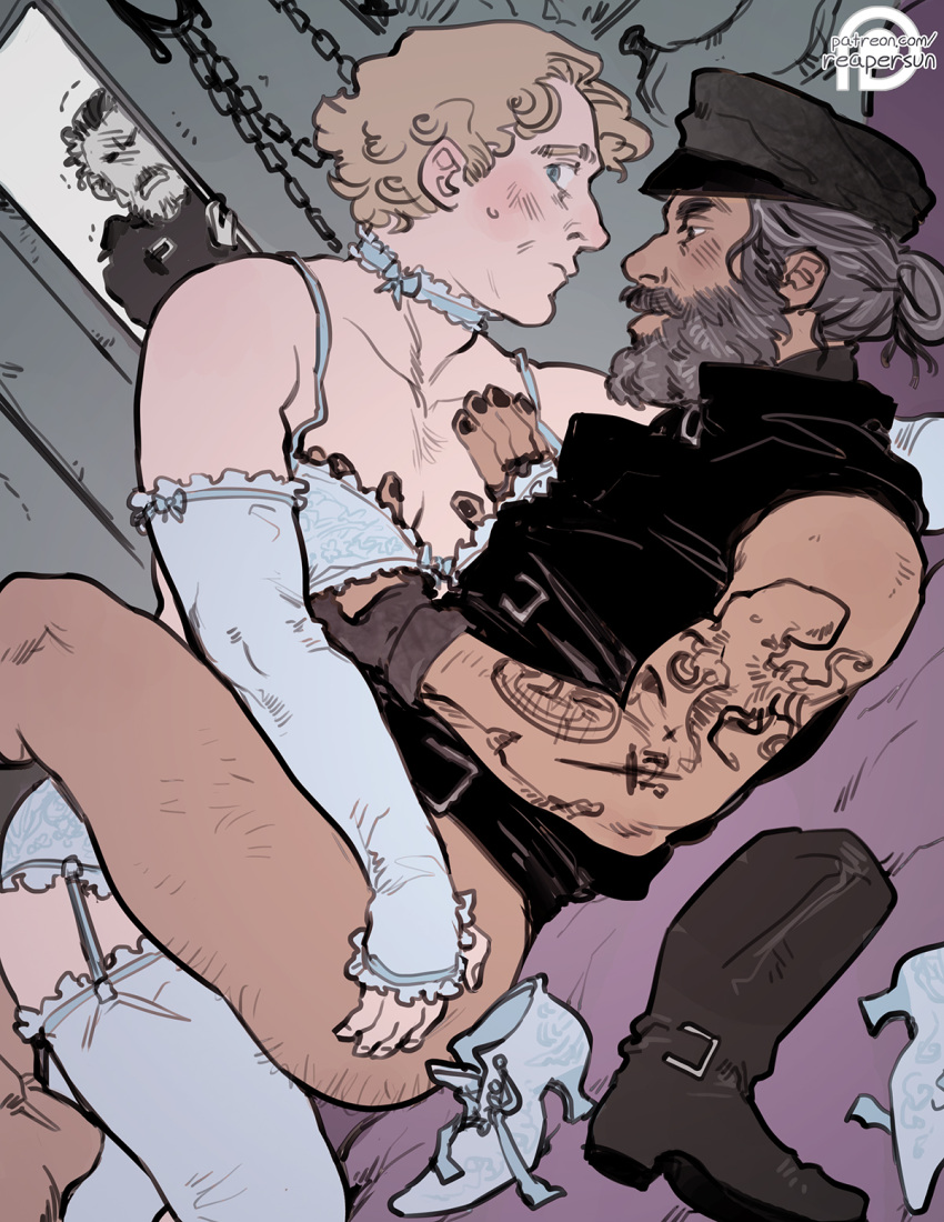 Rule 34 – 2boys 2males bara barazoku beard blackbeard blushing edward teach gay izzy hands leather leather clothing leather daddy lingerie long hair long hair male male only old man yaoi our flag means death reapersun stede bonnet stockings tattoos thick thighs touching chest walking in on yaoi | 10629655