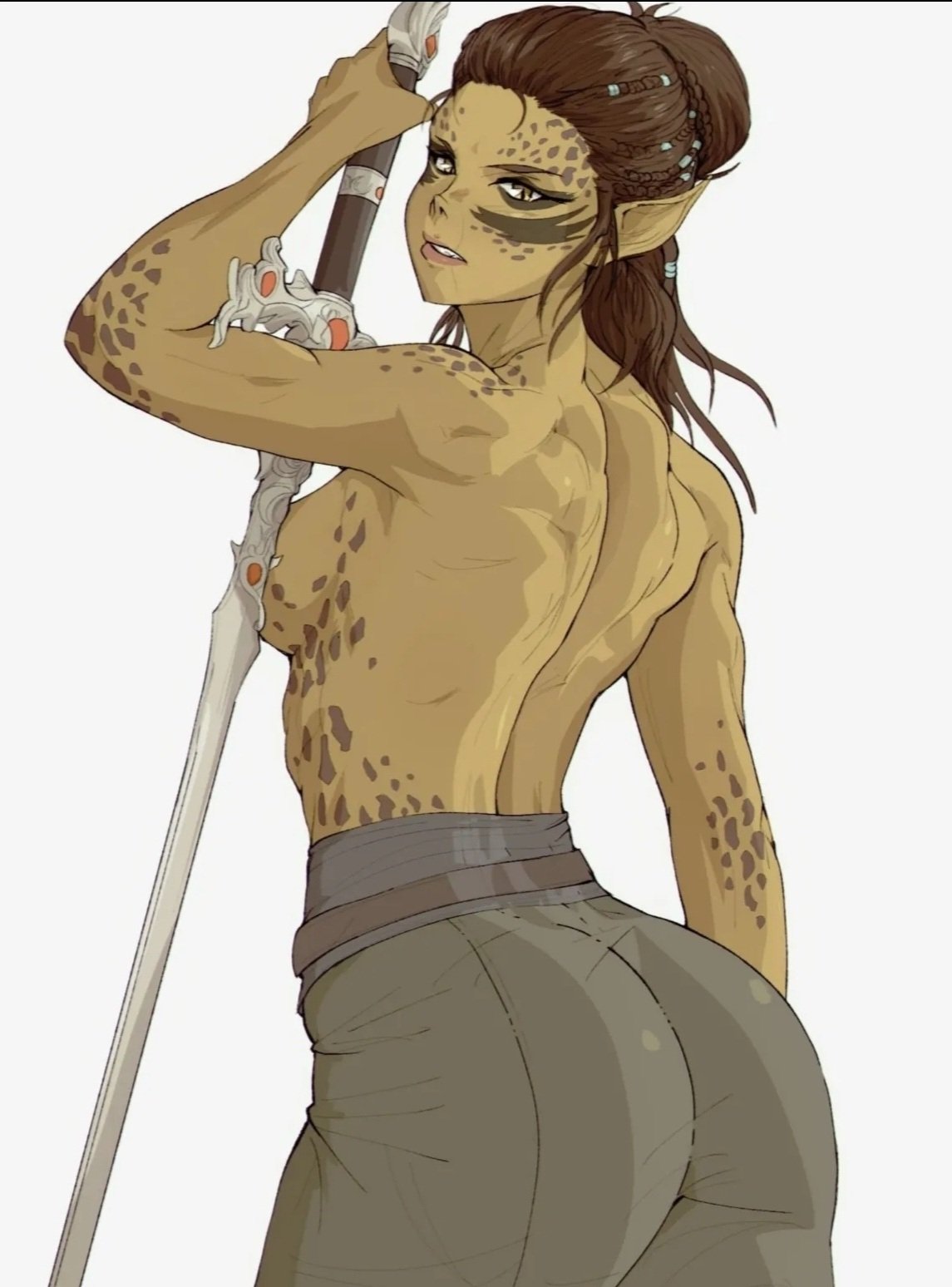 Rule 34 – back back view baldur’s gate 3 brown hair green skin lae’zel looking at viewer muscular female pants skin tight small breasts solo sword topless yoracrab | 10995218