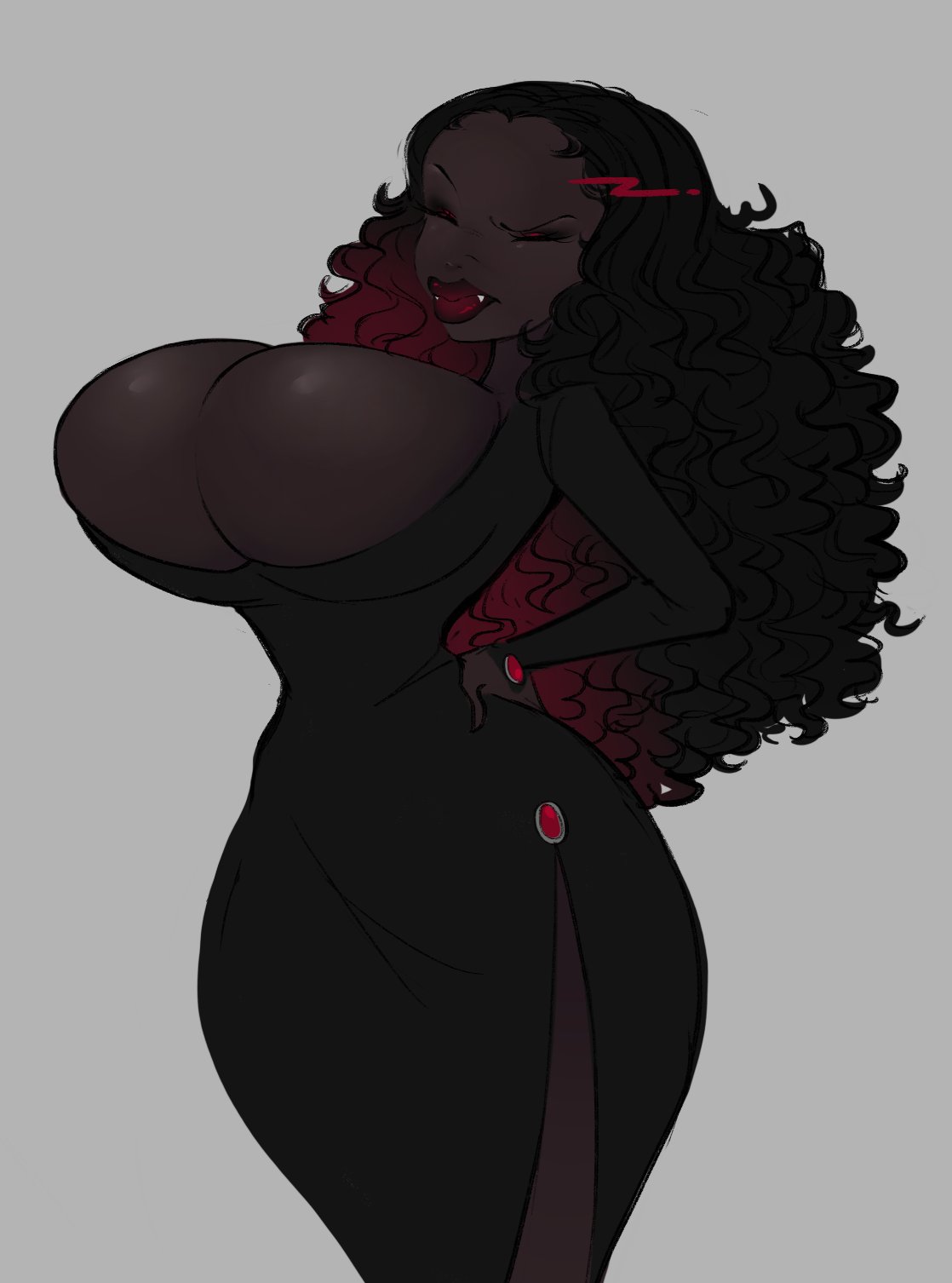 Rule 34 – african african female big ass big breasts black dress black hair boobs breasts curly hair dark-skinned female dark skin diane (ohthesunnyside) ebony grey background hand on hip huge breasts massive breasts ohthesunnyside overflowing breasts plump lips red highlights thick ass thick thighs thin waist vampire vampire fangs vampire girl very dark-skinned female very dark skin wide hips | 9634286