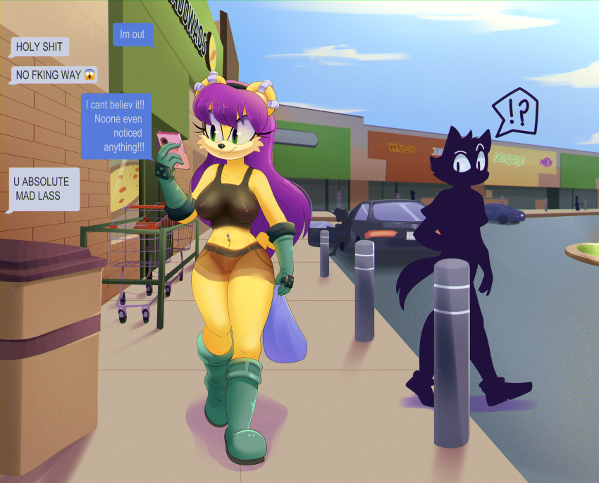 Rule 34 – ?! absurd res accessory ambiguous gender ambiguous species anthro apinkgrape archie comics areola armwear background character blue sky bollard boots car clothing cloud crooked tail ear piercing ear ring elbow gloves electronics emoji english text eyebrows eyelashes female female focus footwear genitals gloves green eyes group hair hair accessory hairband handwear herpestid hi res holding bag holding object holding phone innie pussy looking at object looking at phone looking back mammal mina mongoose mongoose navel navel piercing nipples outside painted clothing phone piercing public public nudity purple hair pussy raised eyebrow ring piercing road sega shoes shopping bag shopping cart sidewalk silhouette sky smile solo focus sonic (series) sonic the hedgehog (archie) sonic the hedgehog (comics) sonic the hedgehog (series) storefront strip mall tail tan inner ear text text message texting trash can vehicle walking yellow body | 10971790
