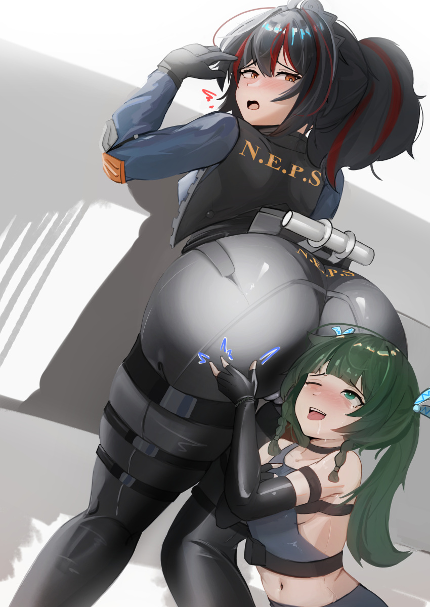 Rule 34 – 2girls absurdres ass ass focus black gloves black hair black pants blue jacket blush from behind furrowed brow gloves green eyes green hair highres jacket looking at another looking back multicolored hair multiple girls navel open mouth orange eyes orange hair pants police police uniform ponytail qingyi (zenless zone zero) saliva sekiro kyanbasu standing streaked hair two-tone hair uniform yuri zenless zone zero zhu yuan | 10931742