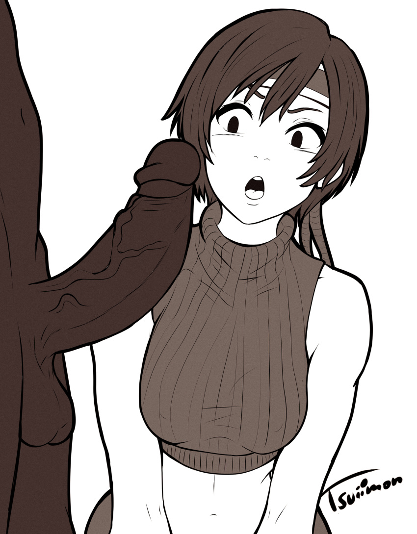 Rule 34 – 1boy 1girls before sex big penis brown eyes brown hair clothed crop top cropped sweater dark-skinned male female female focus final fantasy final fantasy vii flat colors interracial large penis male midriff monochrome ninja penis penis awe shocked shocked expression short hair surprised tomboy tsuii tsuiimon turtleneck wip yuffie kisaragi | 10423353
