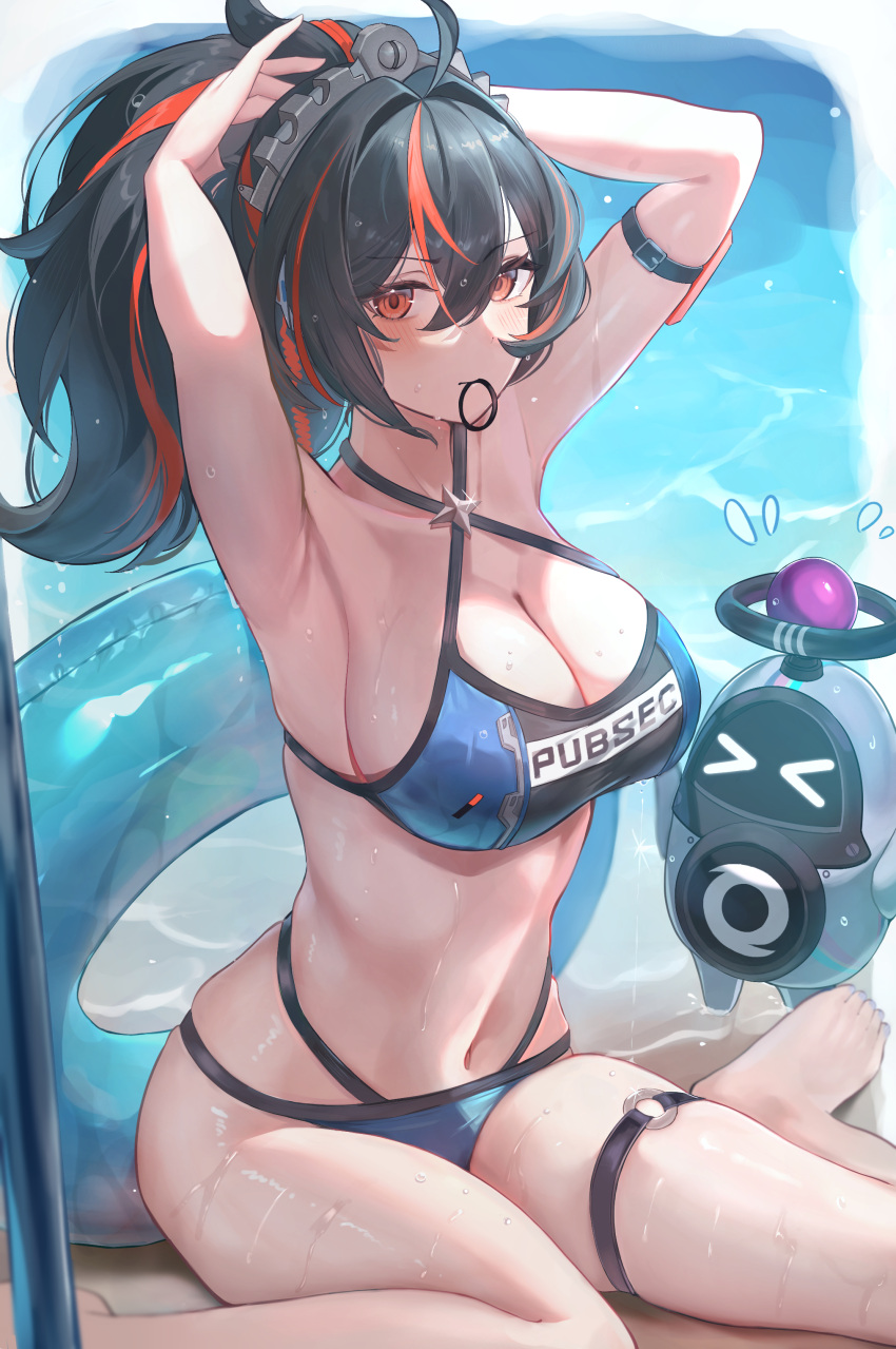 Rule 34 – absurdres alternate costume arm strap armpits arms up bikini black hair blue bikini blush breasts cleavage criss-cross halter female hair tie hair tie in mouth halterneck highres innertube large breasts looking at viewer metal hairband mouth hold multicolored hair navel ocean outdoors red eyes red hair sitting solo stomach streaked hair swim ring swimsuit thigh strap tying hair wariza wet wet hair yousuketwelve zenless zone zero zhu yuan | 10929262