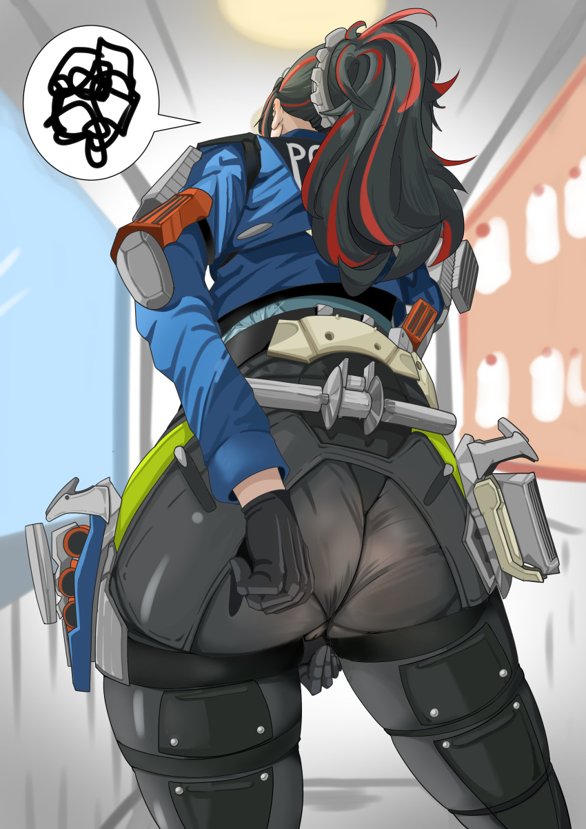 Rule 34 – absurdres ass ass focus black gloves black pants cowboy shot female from behind gloves greyscale highres huge ass indoors kobungi long hair metal hairband monochrome multicolored hair pants police police uniform ponytail red hair solo standing standing on one leg streaked hair thighs two-tone hair uniform zenless zone zero zhu yuan | 10864666