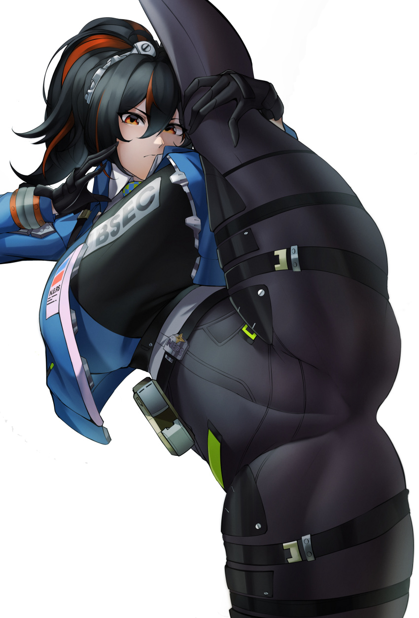 Rule 34 – absurdres black hair black pants black shirt blue jacket breasts clothes writing female highres jacket large breasts leg up long sleeves multicolored hair orange eyes pants ponytail red hair shirt simple background solo split standing standing on one leg standing split streaked hair thigh strap thighs white background z enatsu zenless zone zero zhu yuan | 10918475