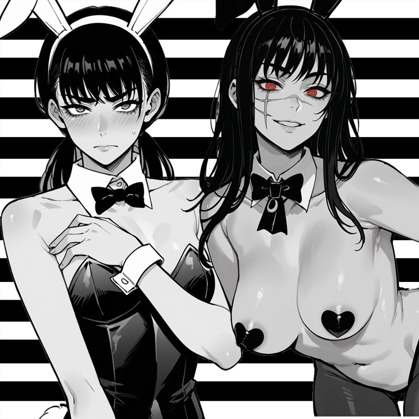 Rule 34 – ai generated areolae blush breasts bunny ears bunnysuit chainsaw man covering breasts lilianaa mitaka asa monochrome navel nipple pasties pasties red eyes reverse bunnysuit sweat yoru (chainsaw man) | 11015212