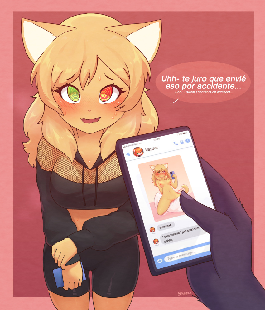 Rule 34 – agoiika anthro blonde hair calico cat clothing digital media (artwork) domestic cat electronics embarrassed felid feline felis female fishnet clothing fluffy fluffy ears fur green eyes hair heterochromia hi res hoodie mammal nervous nervous smile nervous sweat nude nude anthro phone pupils red eyes ruined reputation solo spanish text spiral eyes steam text topwear unusual pupils vanne yellow body yellow fur | 10952623