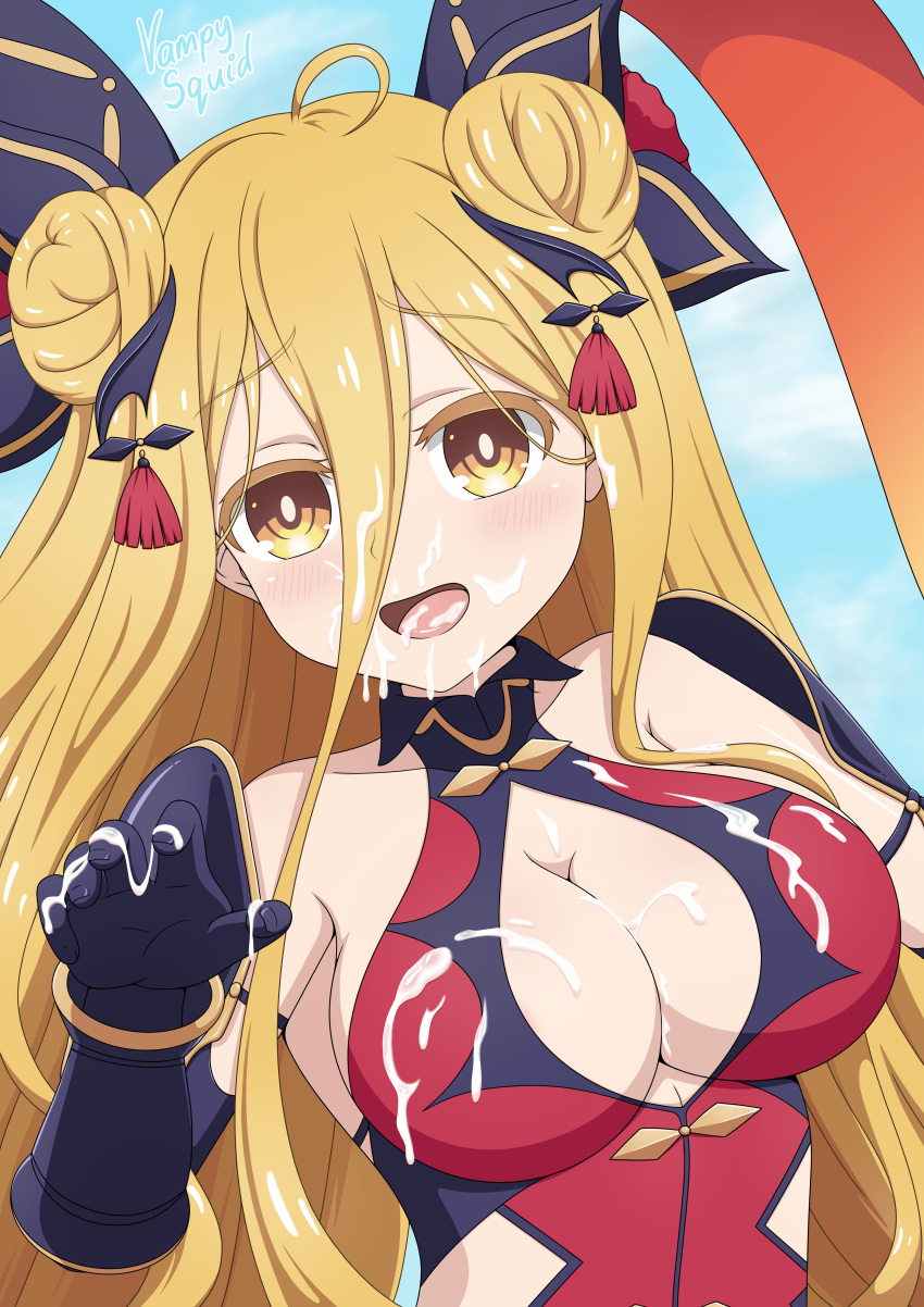 Rule 34 – 1girls 2d 2d (artwork) big breasts blonde hair breasts cleavage clothed cum on body cum on breasts date a live gloves hoshimiya mukuro light-skinned female semen semen on breasts vampy squid yellow eyes | 10995608