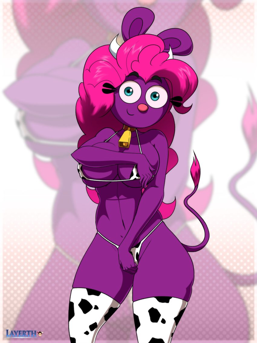Rule 34 – alternate version available amantepokemon anna (amantepokemon) anna (evilkinglich) barely covered blue eyes breasts cow bell cow horns cow print cow print bikini cow tail evilkinglich layerth pink hair posing for the viewer purple fur smiling yin yang yo! oc | 11015940