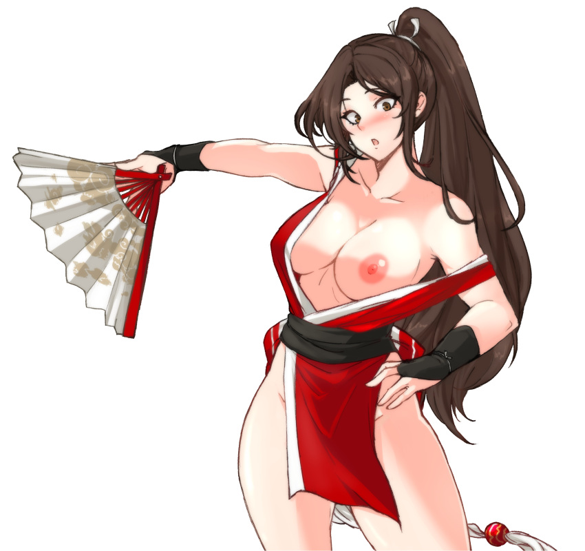 Rule 34 – absurdres breasts brown eyes brown hair embarrassed fan fatal fury female folding fan hair ribbon highres japanese clothes king of fighters large breasts long hair looking at viewer mai shiranui off shoulder one breast out open mouth pelvic curtain ponytail revealing clothes ribbon sash simple background snk solo tied hair tridisart | 11004457