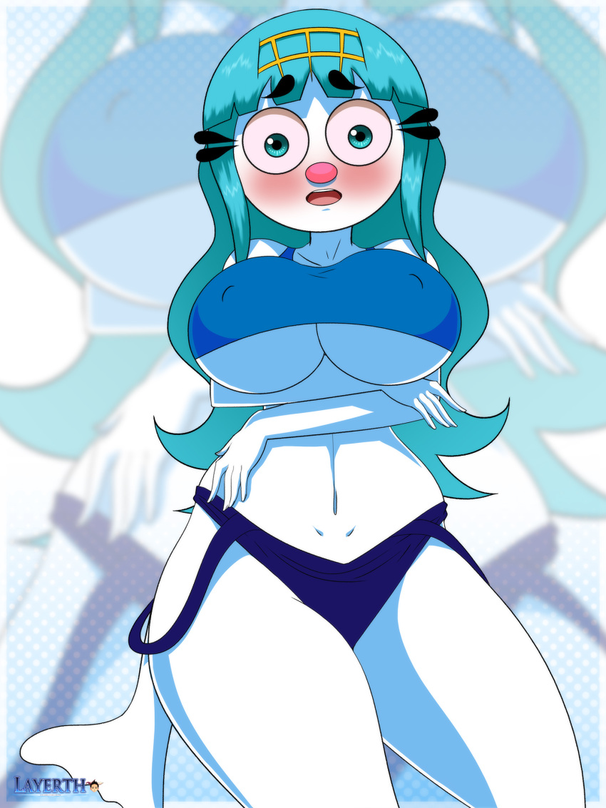 Rule 34 – amantepokemon blush embarrassed evilkinglich karen (amantepokemon) karen (evilkinglich) layerth light blue blouse light blue eyes light blue hair long hair seal seal girl surprised swimsuit swimsuit down tiara white skin yin yang yo! oc | 11016077