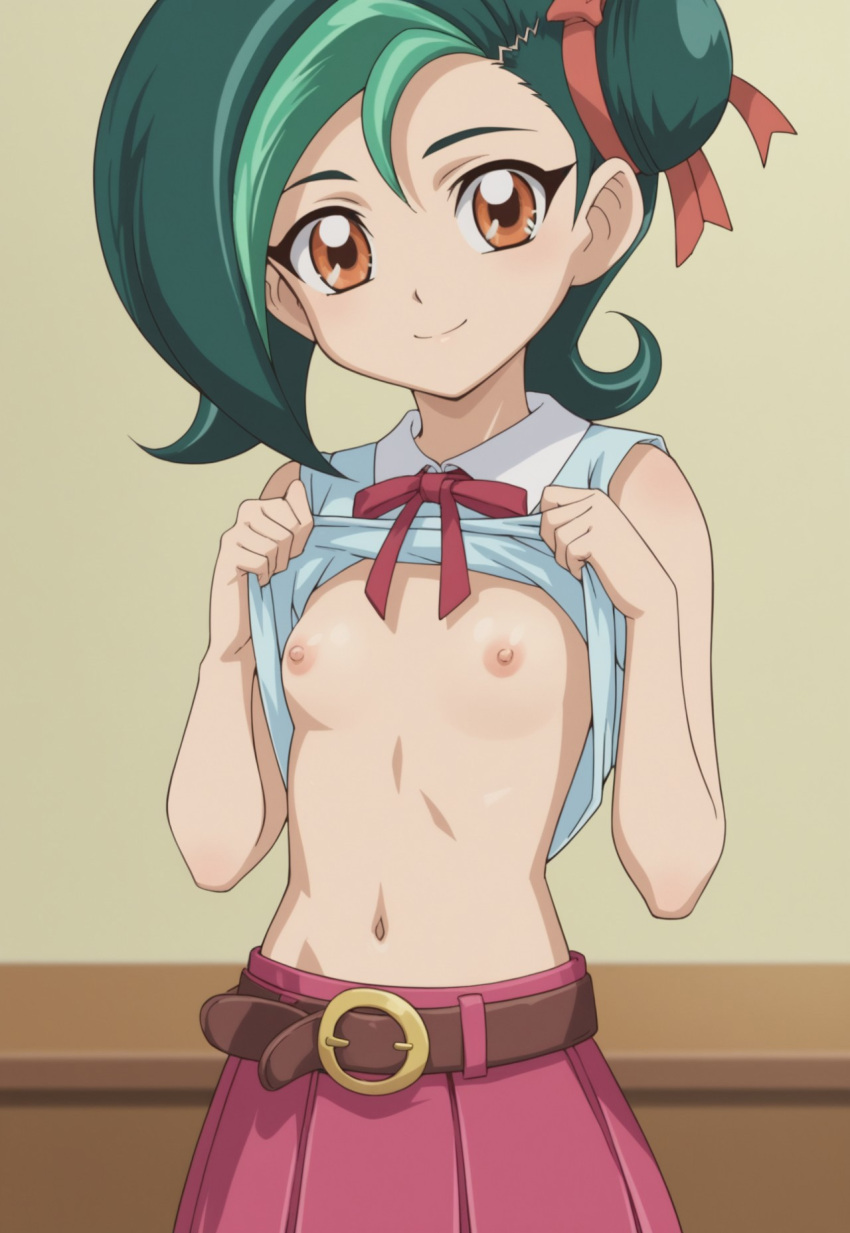 Rule 34 – ai generated belt brown eyes flashing flashing breasts green hair hair bun hair ribbon kotori mizuki lifting shirt multicolored hair navel nipples skirt sleeveless shirt small breasts smiling tori meadows twilightsun yu-gi-oh! yu-gi-oh! zexal | 10951392