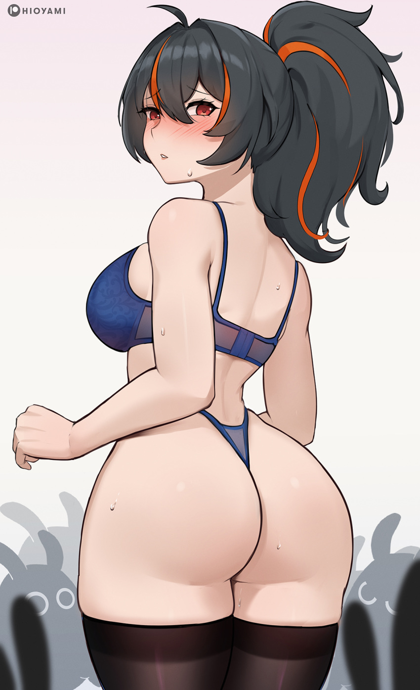 Rule 34 – 1girls ass black hair bra breasts female female only hi res hioyami looking at viewer looking back multicolored hair orange hair red eyes solo thighhighs thighs wide hips zenless zone zero zhu yuan | 10957063