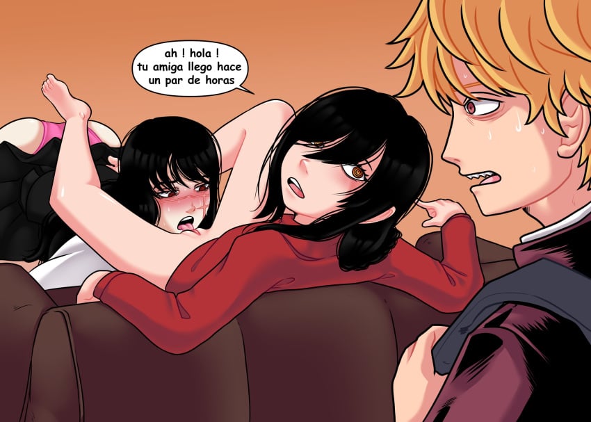 Rule 34 – 1boy 2girls beaverbastard black hair blonde hair blush chainsaw man cunnilingus demon demon girl denji (chainsaw man) dialogue female incest long hair looking back male nayuta (chainsaw man) orange eyes panties partially clothed pink panties ponytail rear view red eyes scar scar on face sharp teeth shaved pussy shirt sisters spanish text speech bubble spread legs sweat text voyeur yoru (chainsaw man) yuri | 11025896