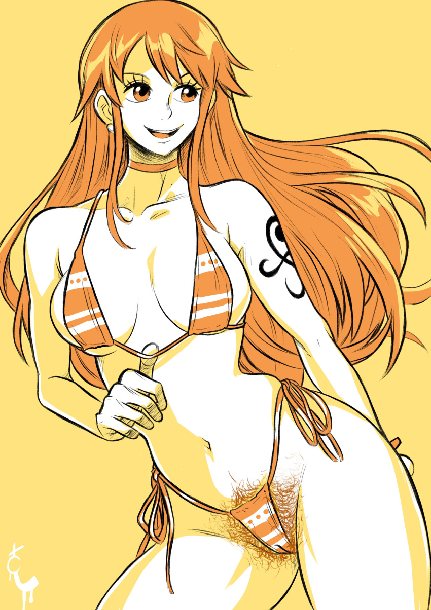 Rule 34 – 1girls bikini choker female female only hairy pussy long hair nami nami (one piece) one piece orange eyes orange hair pubic hair side-tie bikini smile solo turtlechan very high resolution yellow background | 10960840