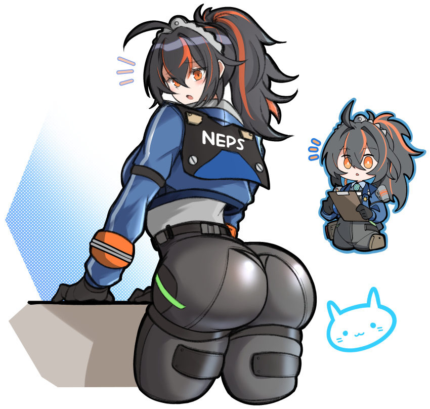 Rule 34 – absurdres ahoge ass black hair blue jacket breasts chibi female hair between eyes high-waist pants highres jacket long hair looking at viewer looking back multicolored hair orange eyes pants police police uniform ponytail red hair streaked hair uniform yosua 0669 zenless zone zero zhu yuan | 10929011