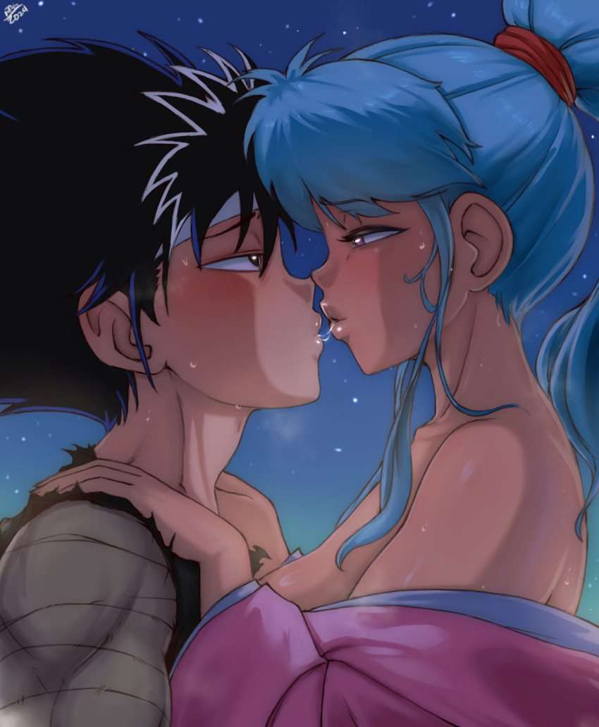 Rule 34 – 1boy 1girls bare shoulders blue hair botan hiei imminent sex kimono kissing partially clothed ponytail randomboobguy romantic saliva saliva string stars straight yu yu hakusho | 11294411