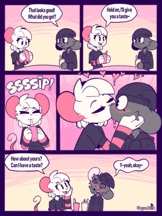 Rule 34 – 2boys blush comic dialogue english text femboy on male hearts kissing milkshake mouse boy pacman eyes questionable consent reggie (whygena) text wholesome whygena zac (whygena) | 8211433