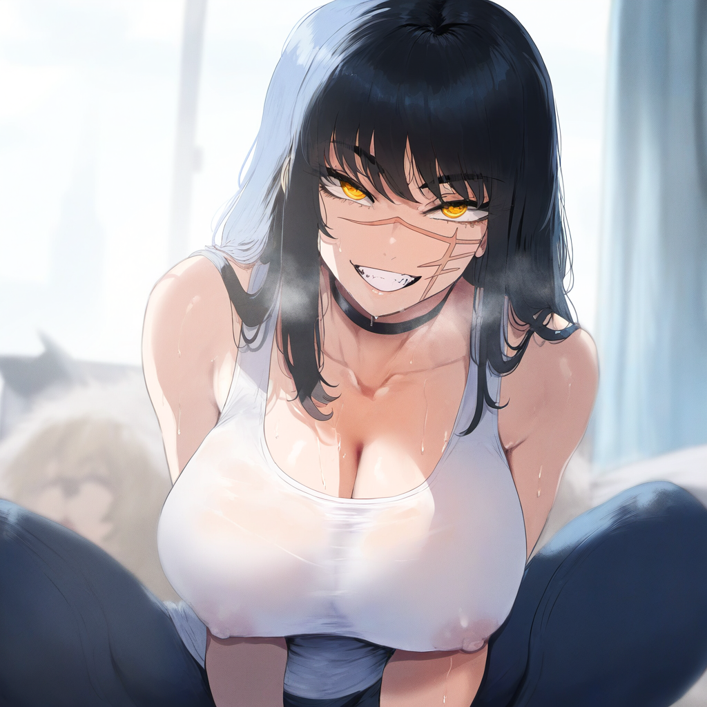 Rule 34 – big breasts chainsaw man jaygoats jeans looking at viewer scar see-through clothing smirk tank top yoru (chainsaw man) | 11775156