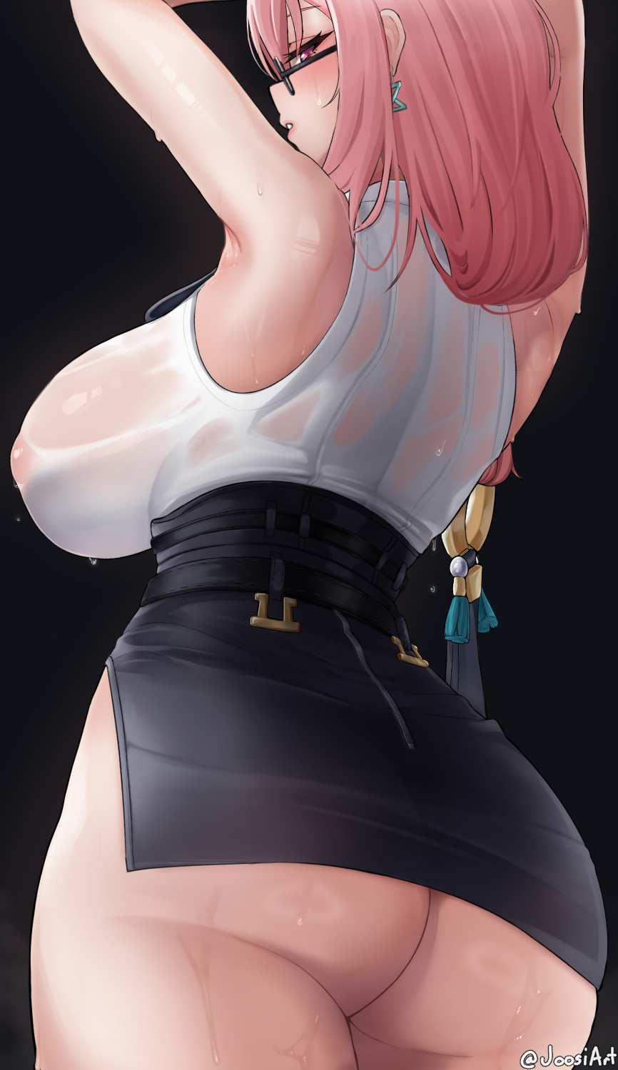 Rule 34 – armpits arms up ass bare shoulders black-framed eyewear black background black skirt blush breasts covered erect nipples female from behind from below glasses hair ornament high-waist skirt highres hourglass earrings joosi large breasts long hair looking to the side parted lips pencil skirt pink eyes pink hair see-through clothes see-through shirt shirt shirt tucked in sidelocks skirt sleeveless sleeveless shirt solo sweat thighs tsukishiro yanagi white shirt zenless zone zero | 11731207