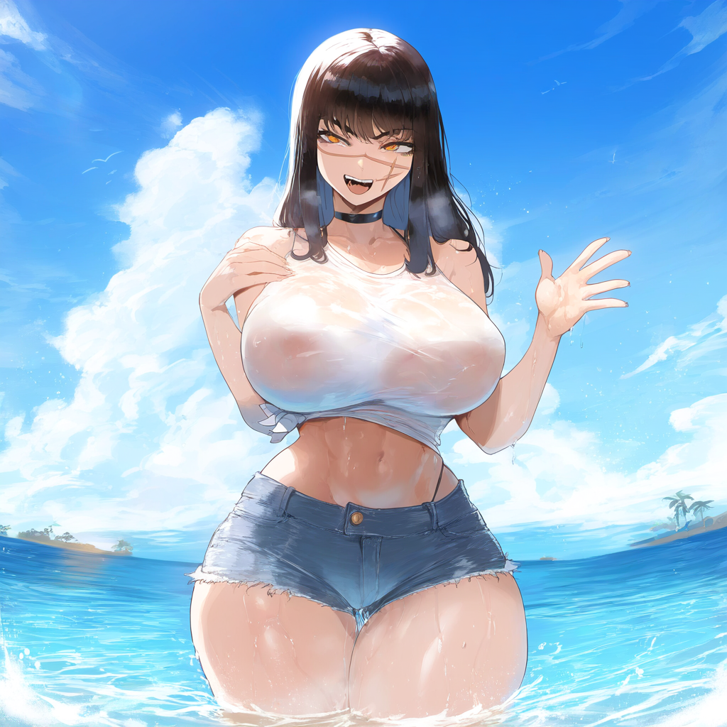 Rule 34 – 1girls ai generated beach big breasts black hair breasts chainsaw man choker denim shorts jaygoats large breasts outdoors partially submerged see-through shorts slim waist solo tank top thick thighs water wet wet clothes yoru (chainsaw man) | 11775129