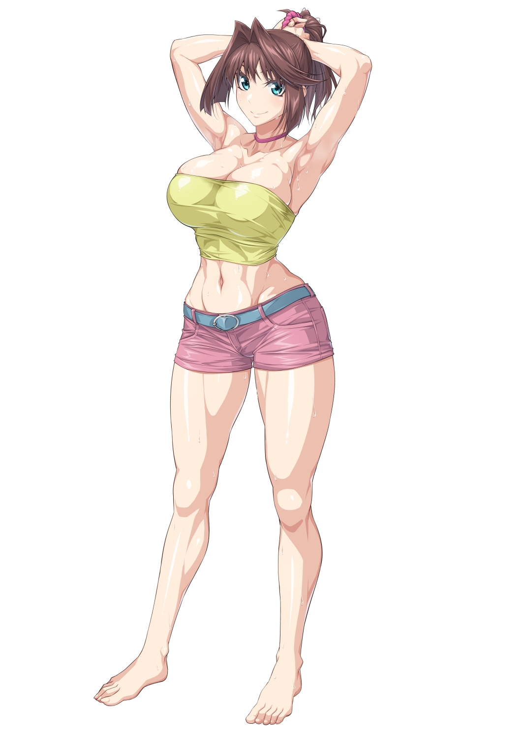 Rule 34 – adjusting hair armpits arms up bare legs barefoot belt blue eyes breasts brown hair choker female full body grey belt highres large breasts looking at viewer mazaki anzu midriff ozaneko pink choker pink shorts ponytail shadow shirt shorts simple background smile solo standing strapless sweat tube top wet white background yellow shirt yu-gi-oh! yu-gi-oh! duel monsters yu-gi-oh! the dark side of dimensions | 11818182