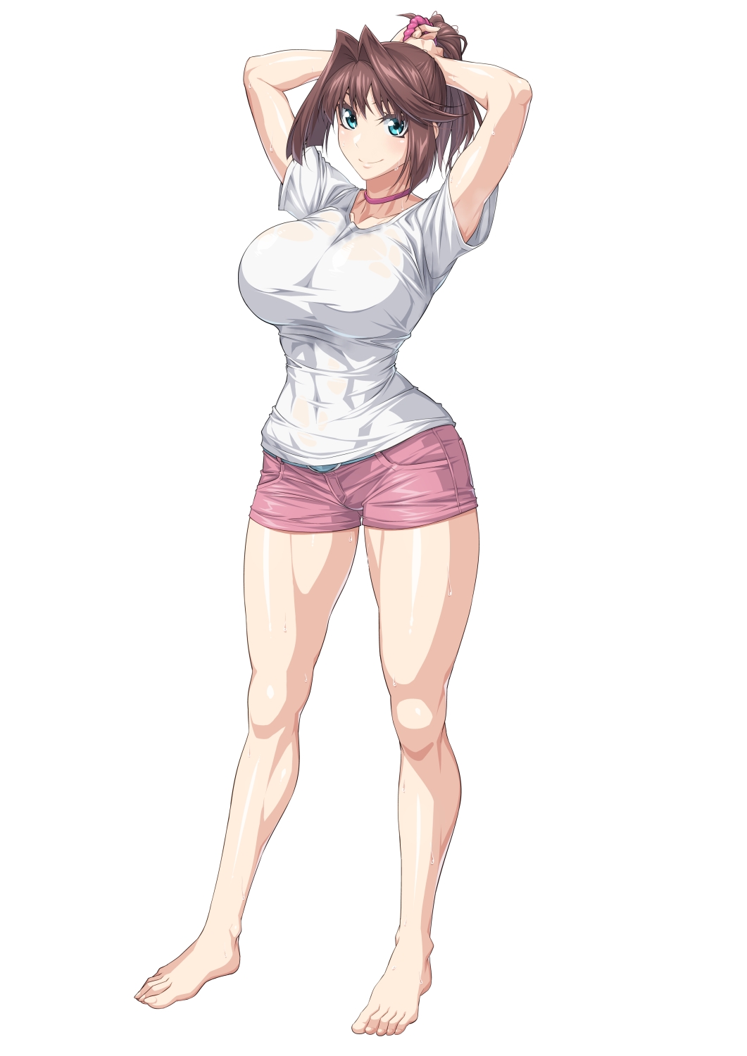 Rule 34 – adjusting hair arms up bare legs barefoot blue eyes breasts brown hair choker covered navel female full body highres large breasts looking at viewer mazaki anzu ozaneko pink choker pink shorts ponytail shadow shirt short sleeves shorts simple background smile solo standing sweat wet white background white shirt yu-gi-oh! yu-gi-oh! duel monsters yu-gi-oh! the dark side of dimensions | 11818186