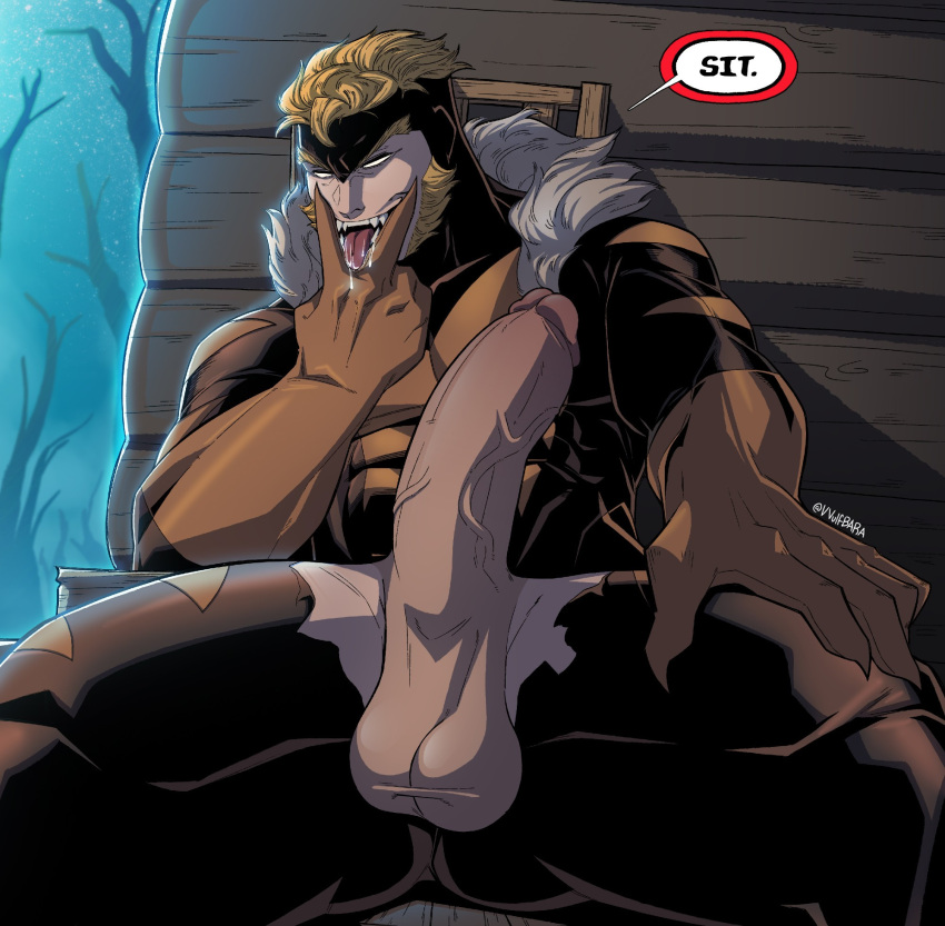 Rule 34 – balls bara big balls big penis boner costume erection huge cock male male only marvel marvel comics muscles muscular penis penis out ripped clothing ripped costume sabretooth sitting solo solo male speech bubble tongue between fingers victor creed vvulfbara x-men | 11772983
