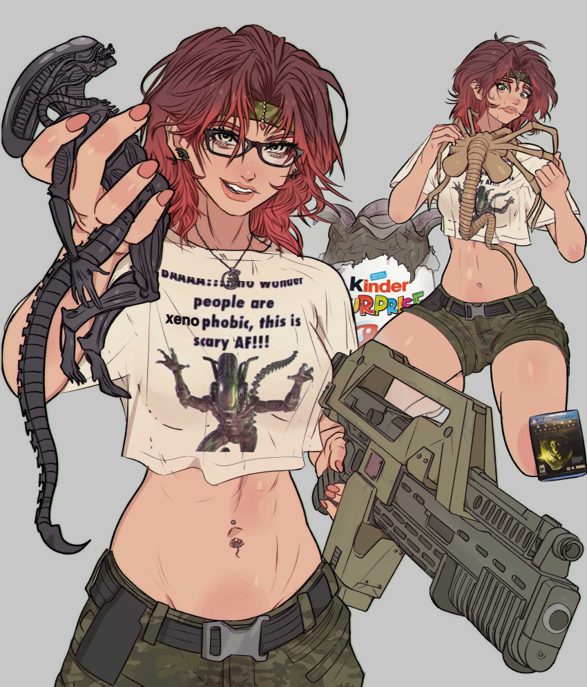 Rule 34 – 1girls action figure alien alien (franchise) camo print camo shorts crop top facehugger girl who is obsessed with glasses gun long hair m41a pulse rifle merchandise navel piercing red hair shorts white shirt xenomorph yoracrab | 10995271