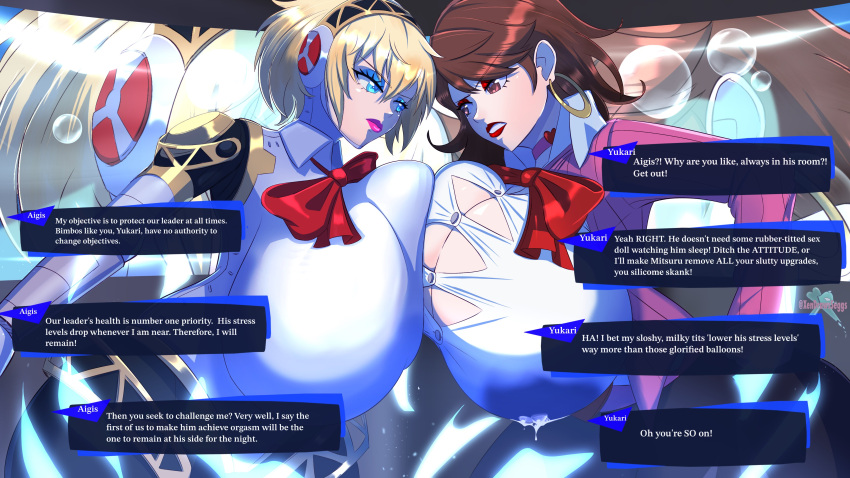 Rule 34 – 2girls absurd res aigis (persona) android android girl arguing argument atlus big breasts blonde hair blue eyes blue eyeshadow breast focus breast to breast breasts breasts bigger than head brown eyes brown hair cardigan choker cleavage clothed competition earrings english text female female only fighting fully clothed heart choker hi res hoop earrings huge breasts hyper breasts insult lactation lactation through clothes large breasts megami tensei persona persona 3 pink cardigan pink lipstick pink sweater red eyeshadow red lipstick ribbon robot robot girl school uniform sega staredown straining straining buttons straining clothing sweater text text box xendrawsseggs xendrawsthings yukari takeba | 11396926