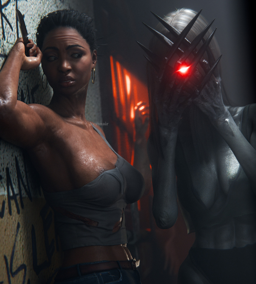 Rule 34 – 2024 2girls 3d areolae peeking back against wall belt black hair brown eyes clawed fingers clothing cutout cut clothes damaged clothes deep cleavage denim jeans duo female female abs female only furrowed brow glowing eyes glowing red eyes graffiti graffiti on wall grey skin grey skinned female hand on wall hiding face holding knife hoop earrings left 4 dead left 4 dead 2 lipstick long hair looking at another looking at each other medium breasts monster girl one hand up ponytail realistic realistic textures red eyes red light rochelle (left 4 dead) safe room scared scared expression tied hair toned toned female upper body vexonair white hair witch (left 4 dead) | 11613717