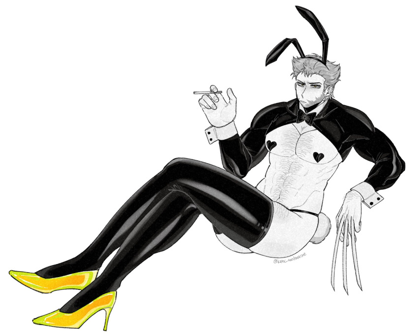 Rule 34 – 1boy abs animal ears ass beard chest hair cigarette claw (weapon) closed mouth covered erect nipples deadpool & wolverine (2024) facial hair fake animal ears fake tail full body gay heart pasties high heels holding holding cigarette james howlett k4nc wolverine large pectorals logan (x-men) long sleeves looking at viewer male focus male playboy bunny marvel marvel cinematic universe meme attire monochrome navel navel hair open mouth pasties pectorals rabbit ears rabbit tail revealing clothes reverse bunnysuit reverse outfit short hair sitting solo stomach tail thighhighs thighs weapon wolverine (x-men) wrist cuffs x-men yellow footwear | 11802184