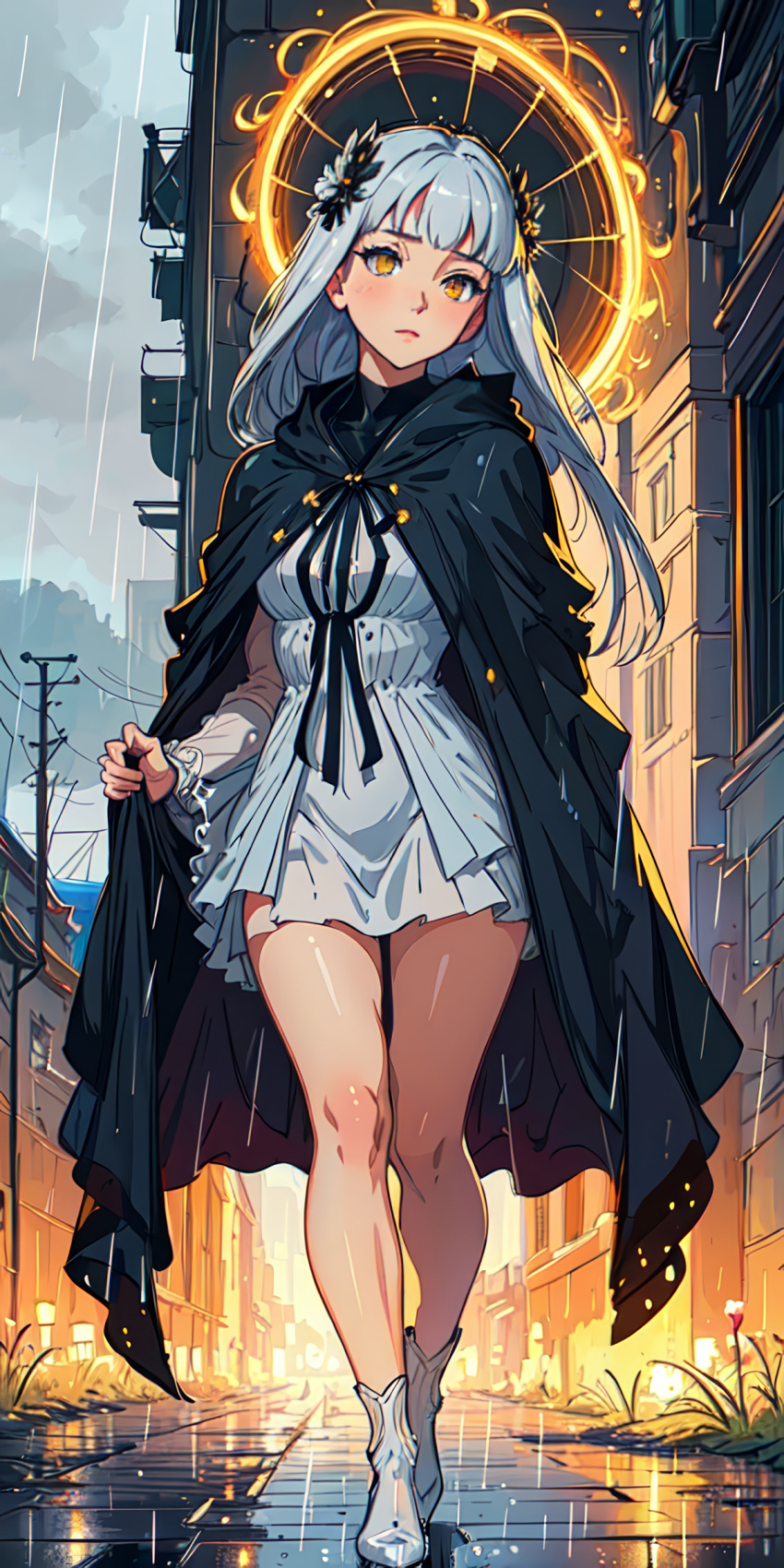 Rule 34 – 1girls ai generated bangs bare legs black cape black cloak black ribbon blunt bangs blush boots breasts building cape cloak closed mouth cloud cloudy sky dress flower full body grey hair hair flower hair ornament halo head tilt hood hood down hooded cloak long hair long sleeves looking at viewer medium breasts natsuyoru orange eyes outdoors power lines puddle rain reflection ribbon ripples road short dress sky solo standing street thighs unnamed character utility pole walking wet white dress white footwear yellow eyes | 11781368