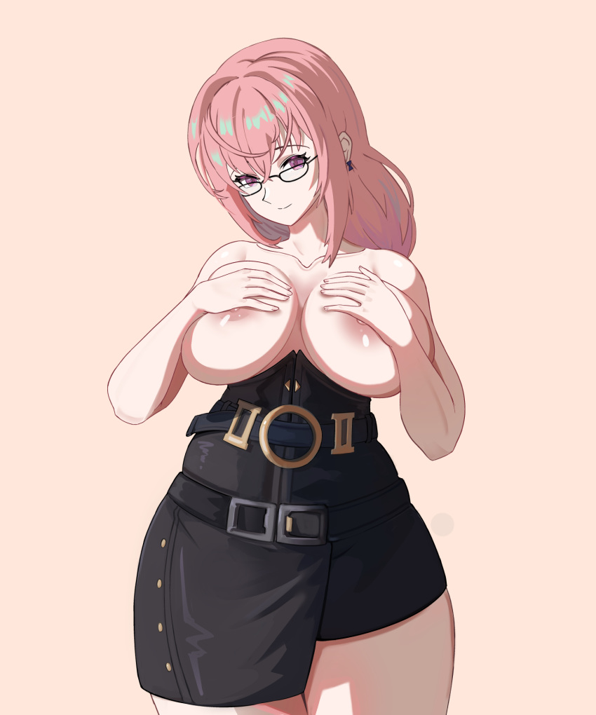 Rule 34 – 1girls covered nipples covering breasts female female only glasses hoyoverse light-skinned female light skin long hair oniimochikun pink hair purple eyes skirt solo topless topless female tsukishiro yanagi zenless zone zero | 11770537