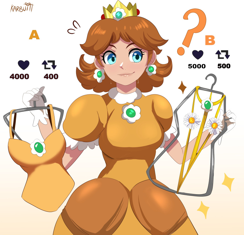 Rule 34 – 1girls absurd res blue eyes brown hair crown dress earrings female female only karbuitt mario (series) nintendo princess daisy slingshot swimsuit solo strip game swimsuit twitter strip game (meme) white background | 11737109